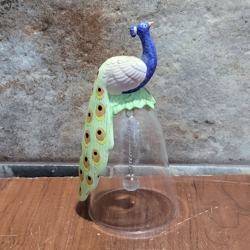 Peacock Bird Figurine on Crystal Glass Bell Silver Tone Chain Glass Ball